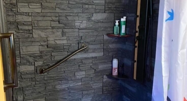 bathroom faux stone accent wall